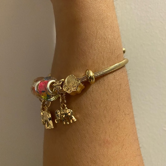 Plated Stainless Steel Charm Bangle Bracelet Elephant Pink Crystal - Picture 6 of 13